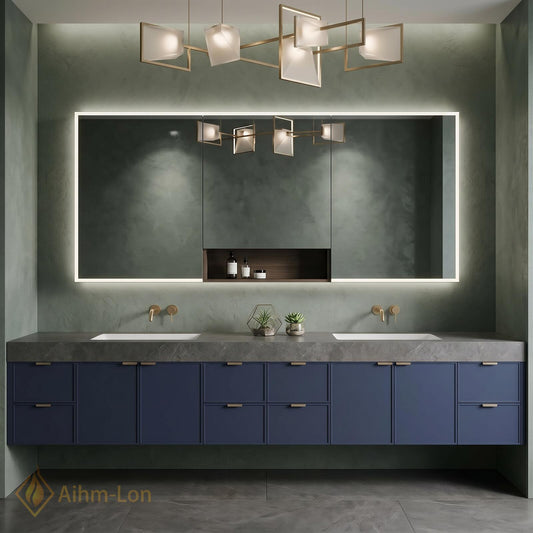 82''-96'' Double Bathroom Vanity with Sink Open Shelf Dark Stone Top Blue