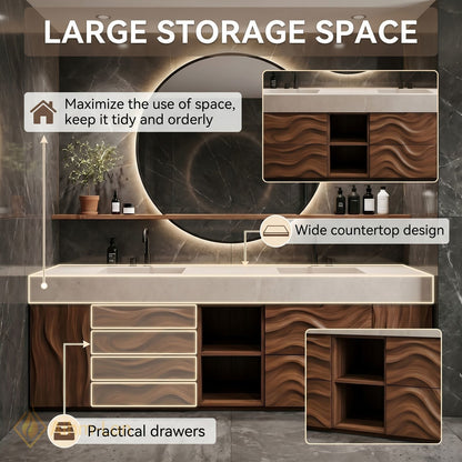 60''-96'' Double Bathroom Vanity with Sink Wavy Wood Grains Open Shelving Base