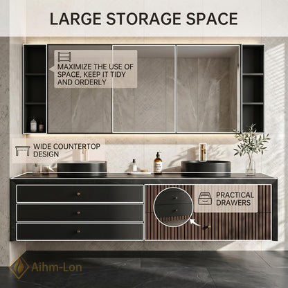 60''-96'' Modern Floating Bathroom Vanity with Sink Dual Slatted Side Panel Storage