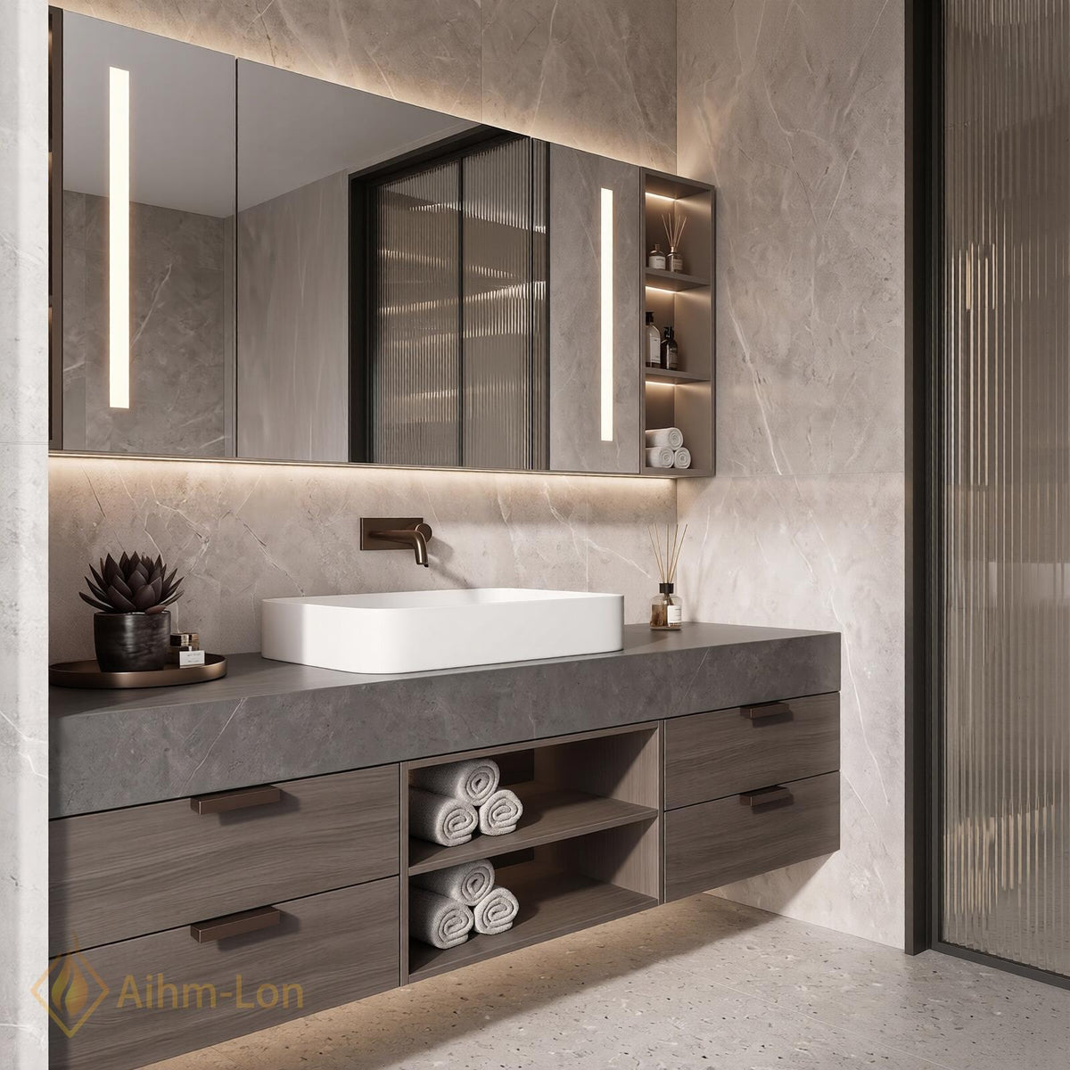 36''-110'' Floating Bathroom Vanity with Sink Grey Sintered Stone Open Shelving