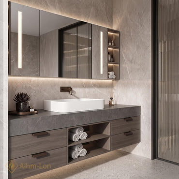 36''-110'' Floating Bathroom Vanity with Sink Grey Sintered Stone Open Shelving