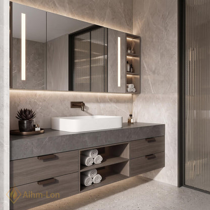 36''-110'' Floating Bathroom Vanity with Sink Grey Sintered Stone Open Shelving