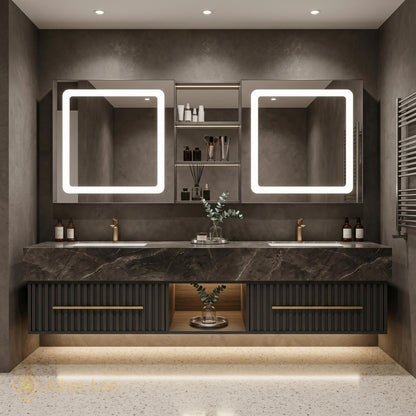 60''-96'' Double Bathroom Vanity with Sink Modern Floating Dark Stone Top Slatted