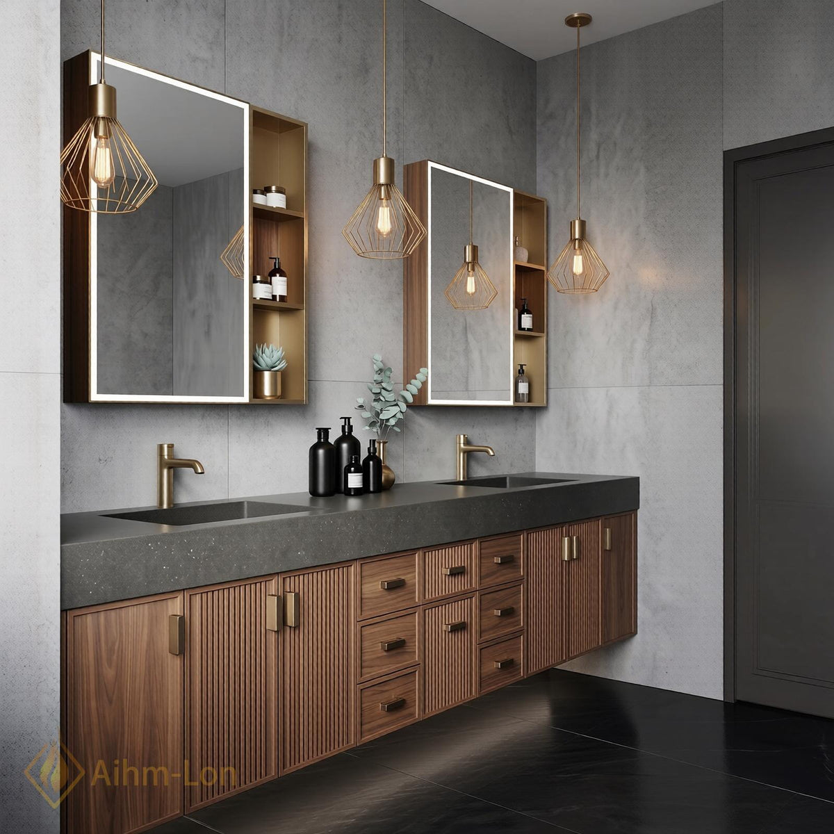 60''-96'' Double Bathroom Vanity with Sink Dark Walnut Slatted Back Panel Mirror
