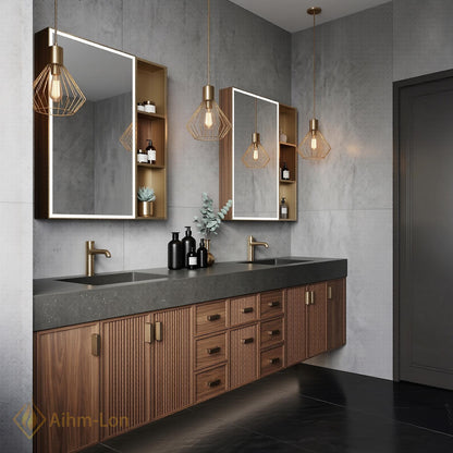 60''-96'' Double Bathroom Vanity with Sink Dark Walnut Slatted Back Panel Mirror