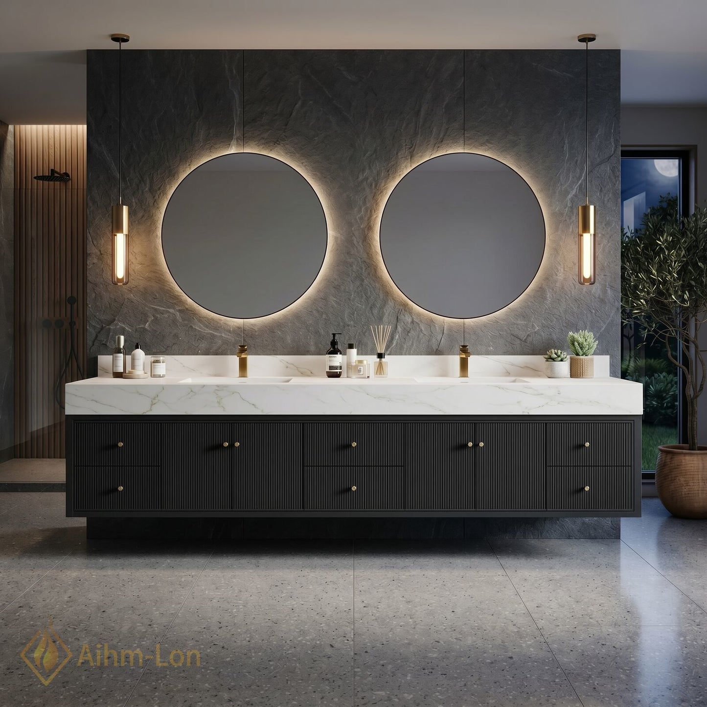 76''-96'' Double Bathroom Vanity with Sink Dark Ribbed Front Panel Floating Storage