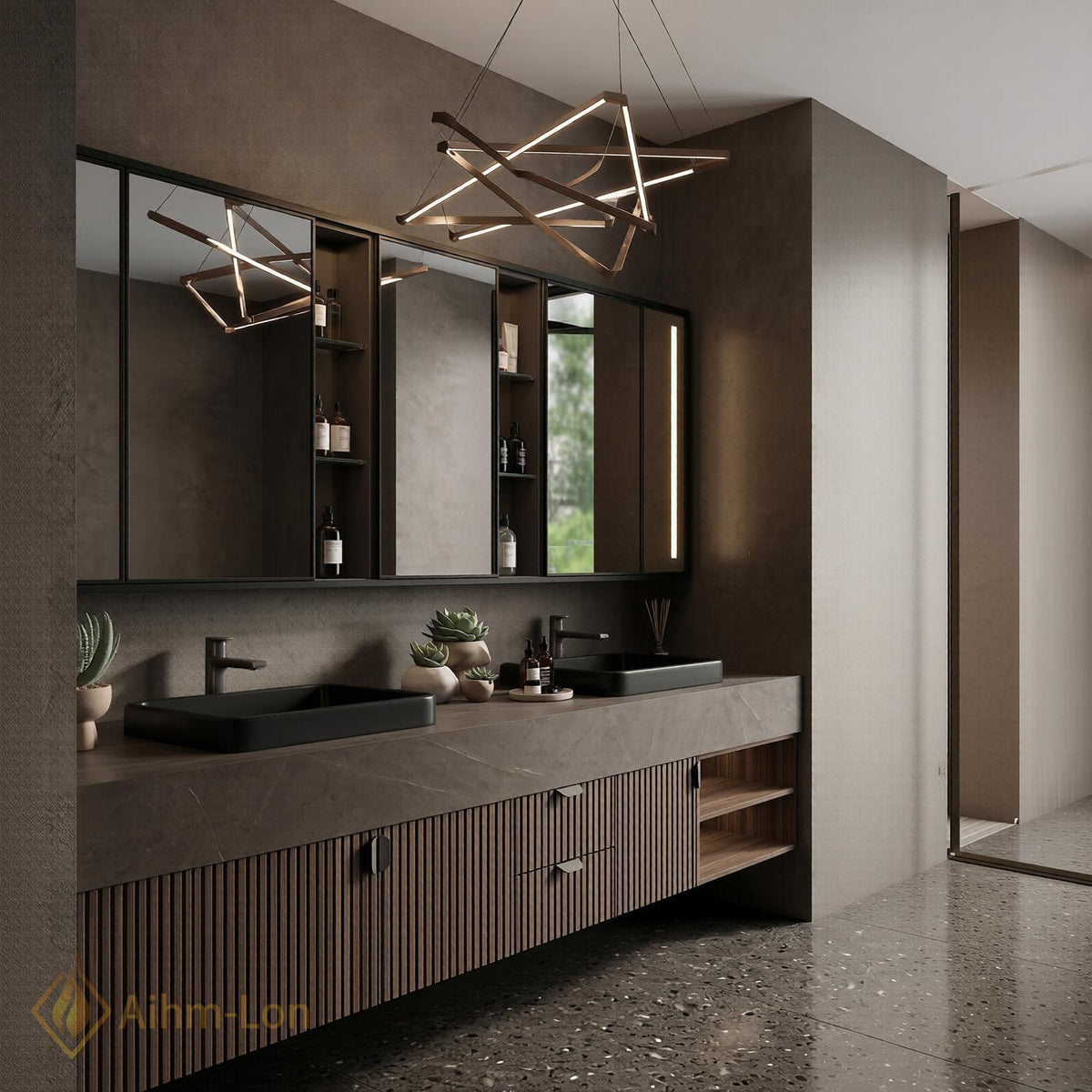 60''-96'' Double Bathroom Vanity with Sink Ribbed Vertical Matte Charcoal Center Shelf