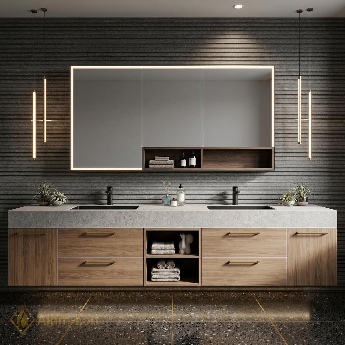 60''-96'' Double Bathroom Vanity with Sink Textured Stone Top Wood Finish Drawers