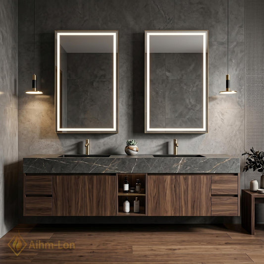72''-96'' Double Bathroom Vanity with Sink Dark-Walnut Modern Floating Basin Open