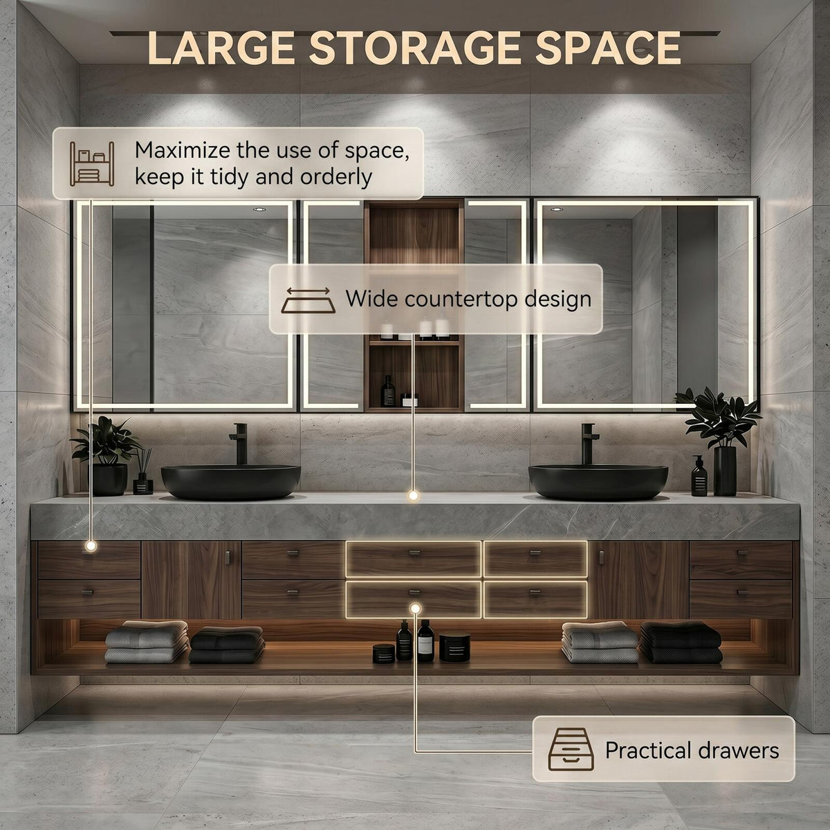 60''-96'' Double Bathroom Vanity with Sink Modern Floating Dark Wood Finish Open Shelving