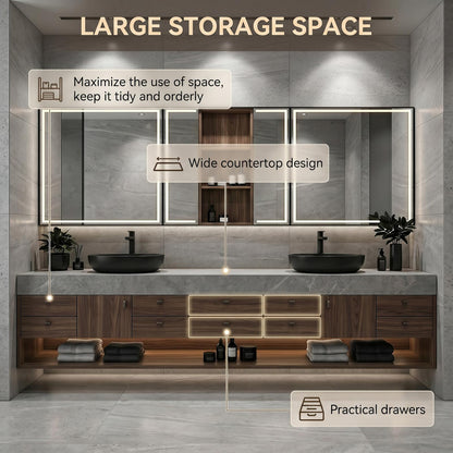 60''-96'' Double Bathroom Vanity with Sink Modern Floating Dark Wood Finish Open Shelving