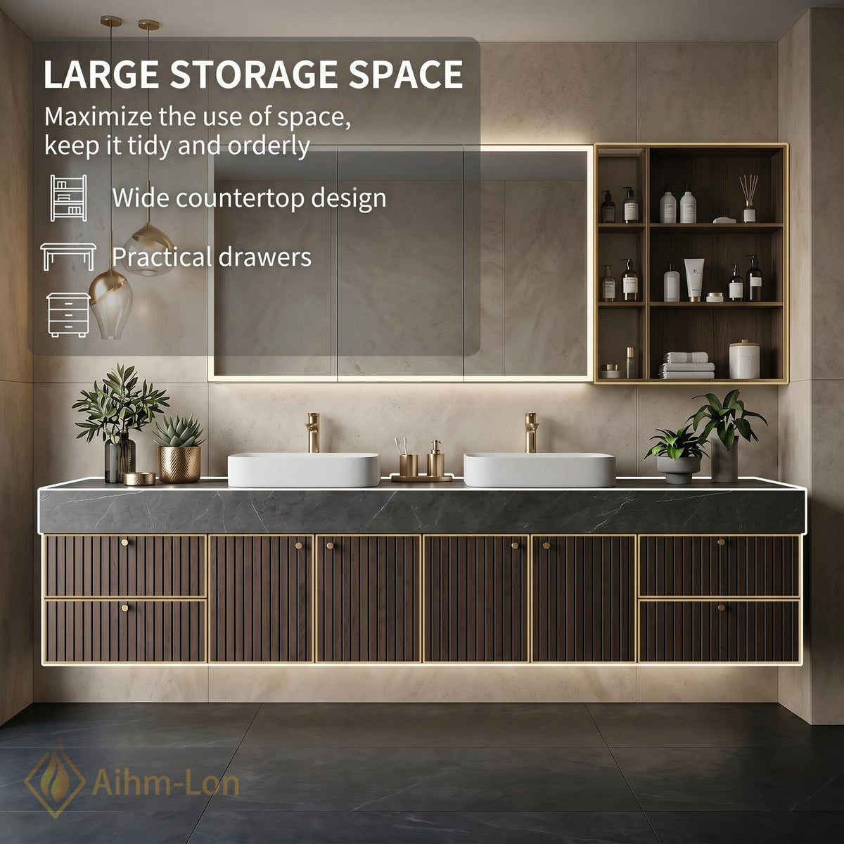 60''-96'' Double Bathroom Vanity with Sink Dark Walnut Slatted Open Shelving Cabinet