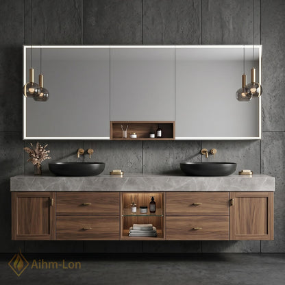 60''-96'' Double Bathroom Vanity with Sink Modern Floating Grey Marble Top Walnut