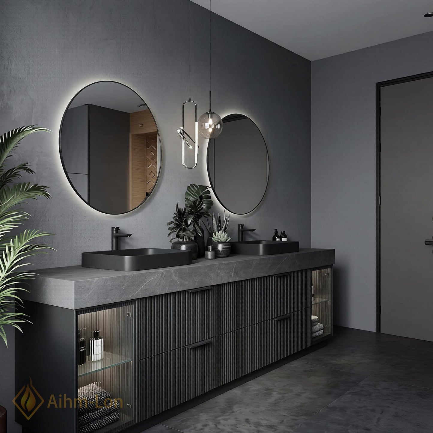 60''-96'' Double Bathroom Vanity with Sink Grey-Stone Glass Door Ribbed Vertical