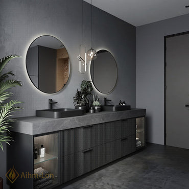 60''-96'' Double Bathroom Vanity with Sink Grey-Stone Glass Door Ribbed Vertical