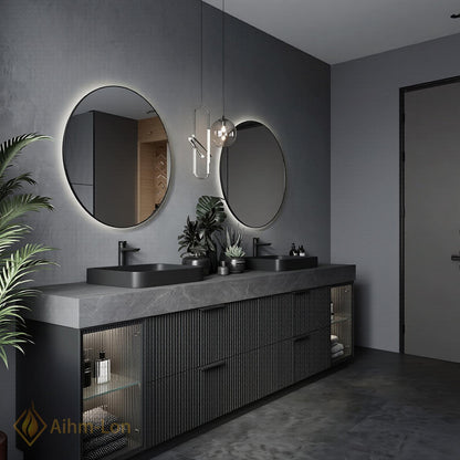 60''-96'' Double Bathroom Vanity with Sink Grey-Stone Glass Door Ribbed Vertical