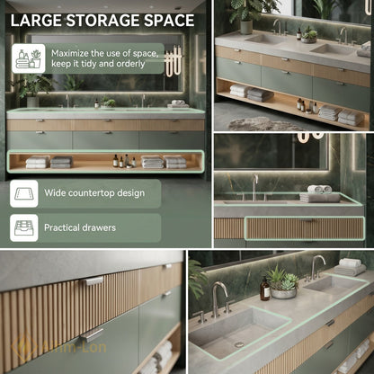 70''-96'' Double Bathroom Vanity with Sink Grey Modern Slatted Vertical Panels Slate