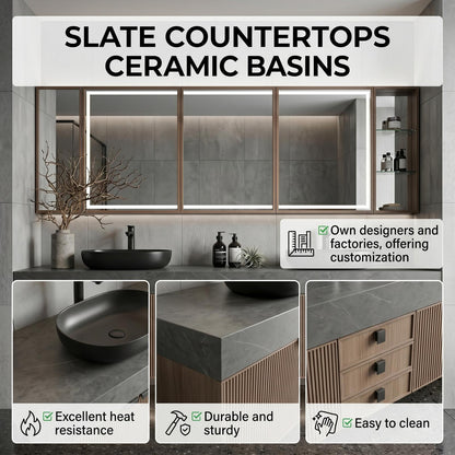 60''-96'' Double Bathroom Vanity with Sink Modern Floating Dark Stone Top Ribbed Doors