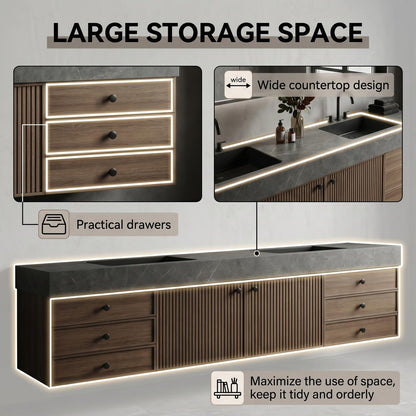 60''-96'' Double Bathroom Vanity with Sink Modern Floating Slatted Wood Doors Wide Countertop