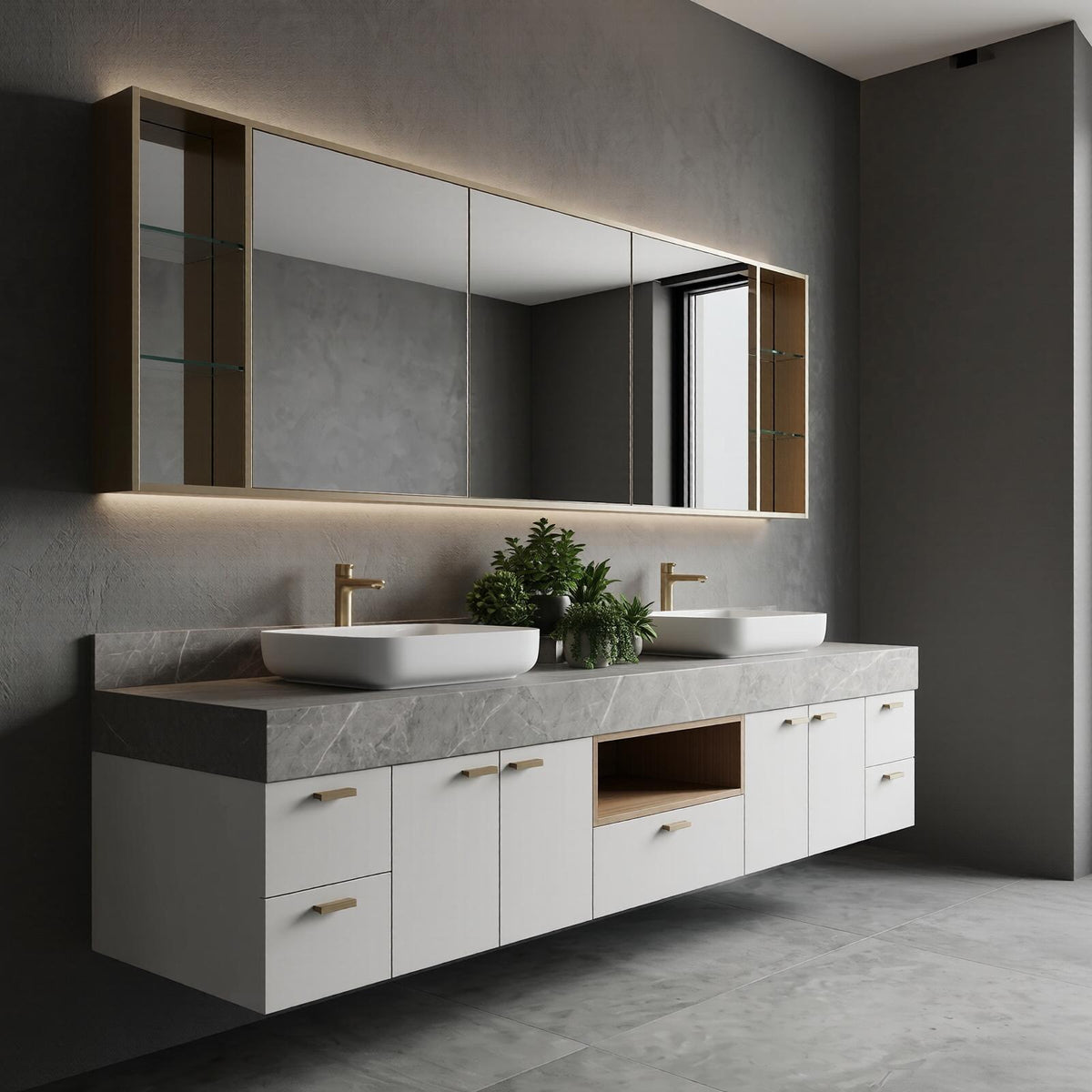 60''-96'' Double Bathroom Vanity with Sink Modern Floating Grey Marble Top White Cabinet