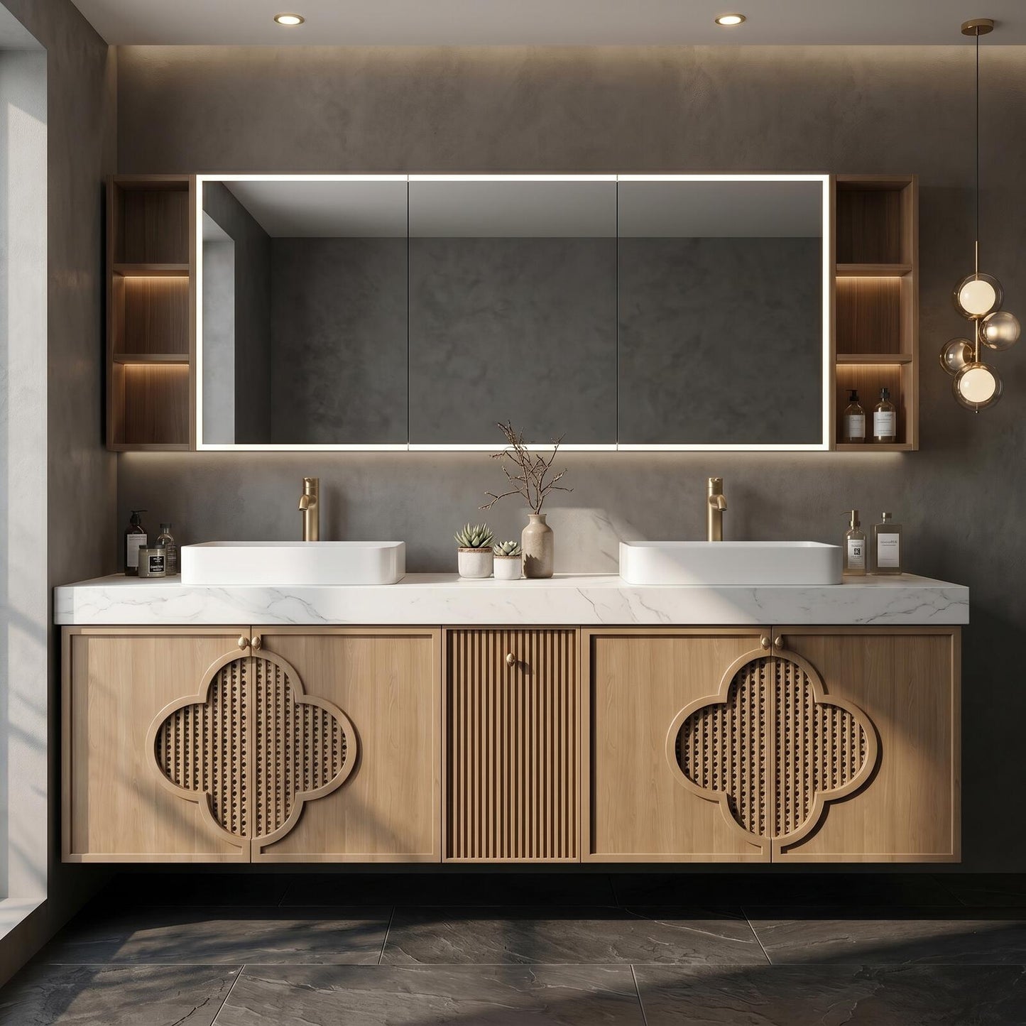 60''-96'' Floating Bathroom Vanity with Sink Double Sink Light Oak Lattice Cloud Doors Cabinet