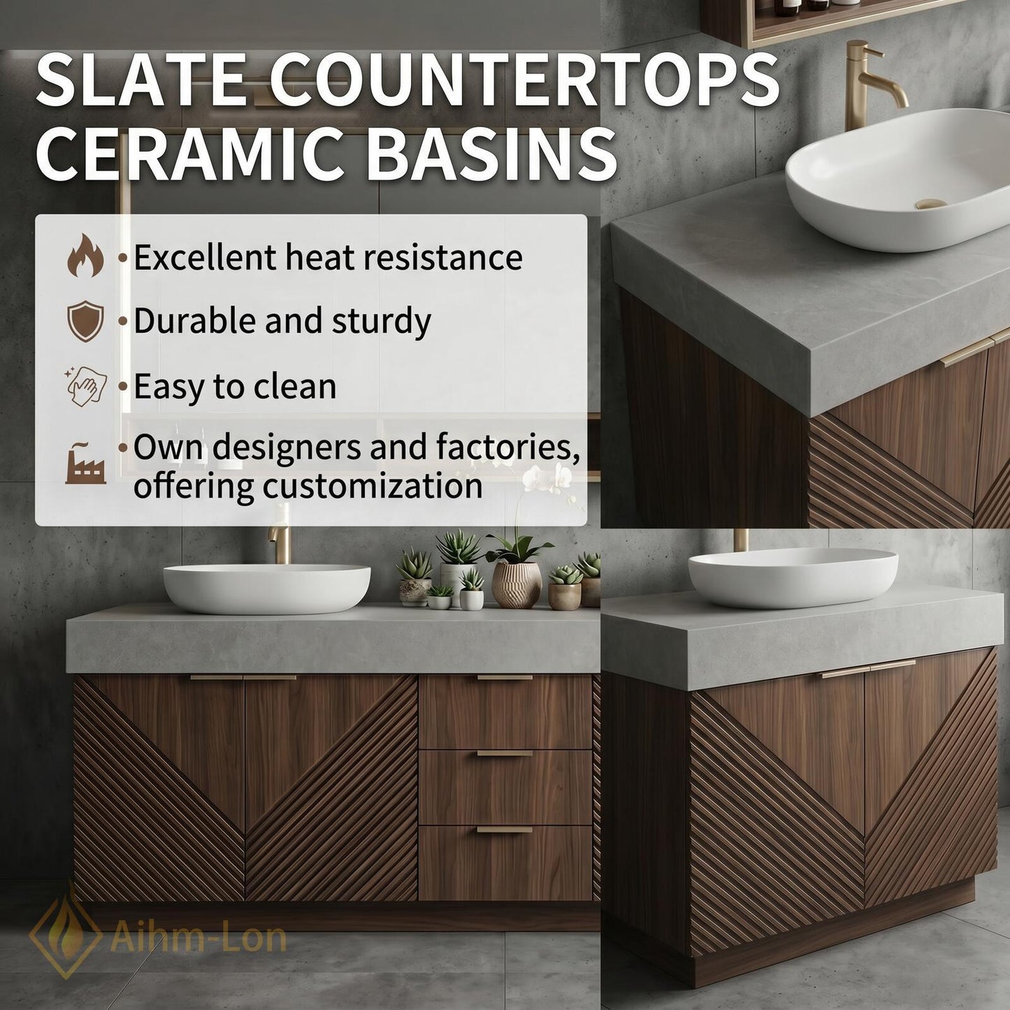 70''-96'' Modern Bathroom Vanity with Sink Floating Diagonal Wood Slate Stone Mirror Storage