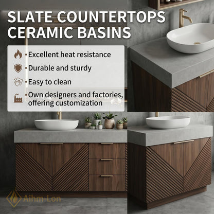 70''-96'' Modern Bathroom Vanity with Sink Floating Diagonal Wood Slate Stone Mirror Storage