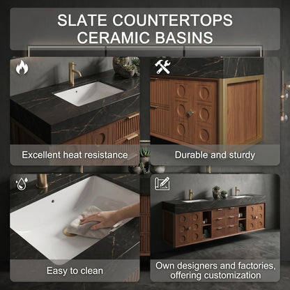 60''-96'' Double Bathroom Vanity with Sink Modern Floating Dark Wood Slatted Center Panel