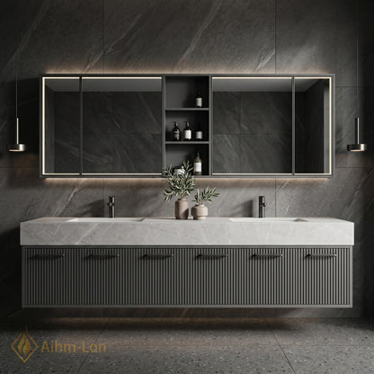 70''-96'' Double Bathroom Vanity with Sink Modern Ribbed Front Charcoal Finish Shelving