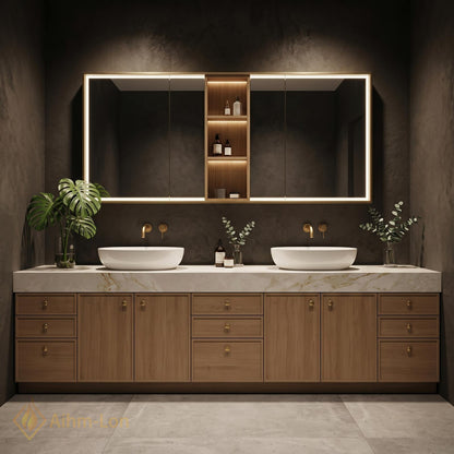 60''-96'' Double Bathroom Vanity with Sink Light Oak Finish Slatted Center Panel