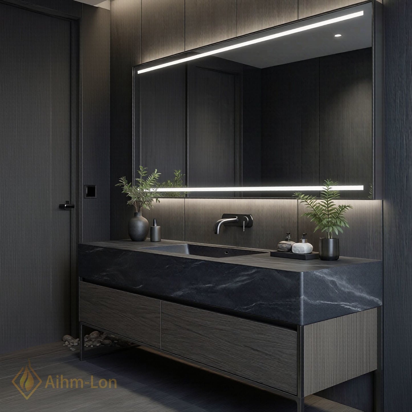 36''-64'' Modern Bathroom Vanity with Sink Grey Stone Veining Wood Grain Base