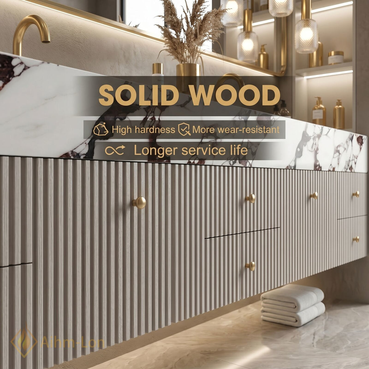 78''-96'' Double Bathroom Vanity with Sink Slatted Front Marble Look Top Drawers
