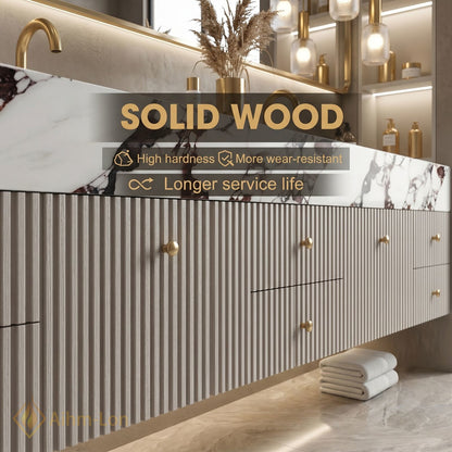 78''-96'' Double Bathroom Vanity with Sink Slatted Front Marble Look Top Drawers