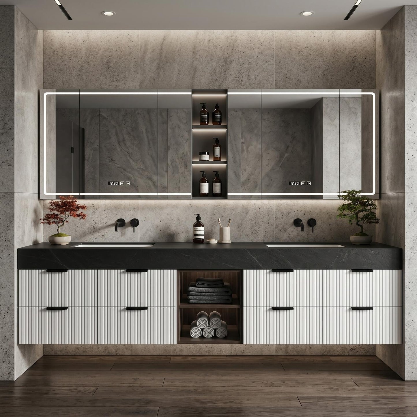 70''-96'' Modern Bathroom Vanity with Sink Floating Dark Stone Ribbed Panel Fronts Cabinet