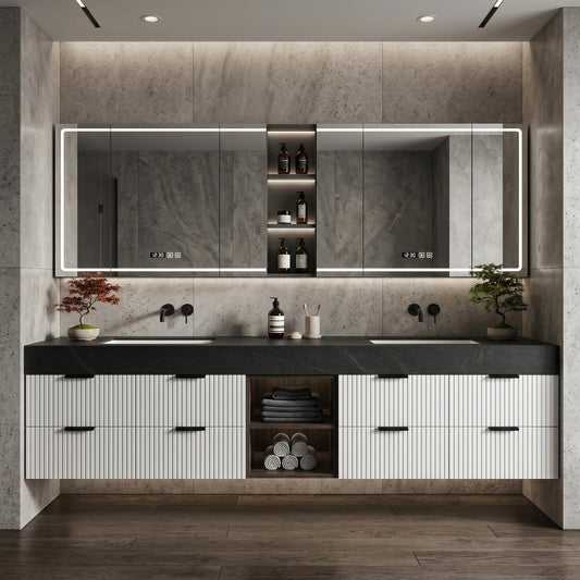 70''-96'' Modern Bathroom Vanity with Sink Floating Dark Stone Ribbed Panel Fronts Cabinet