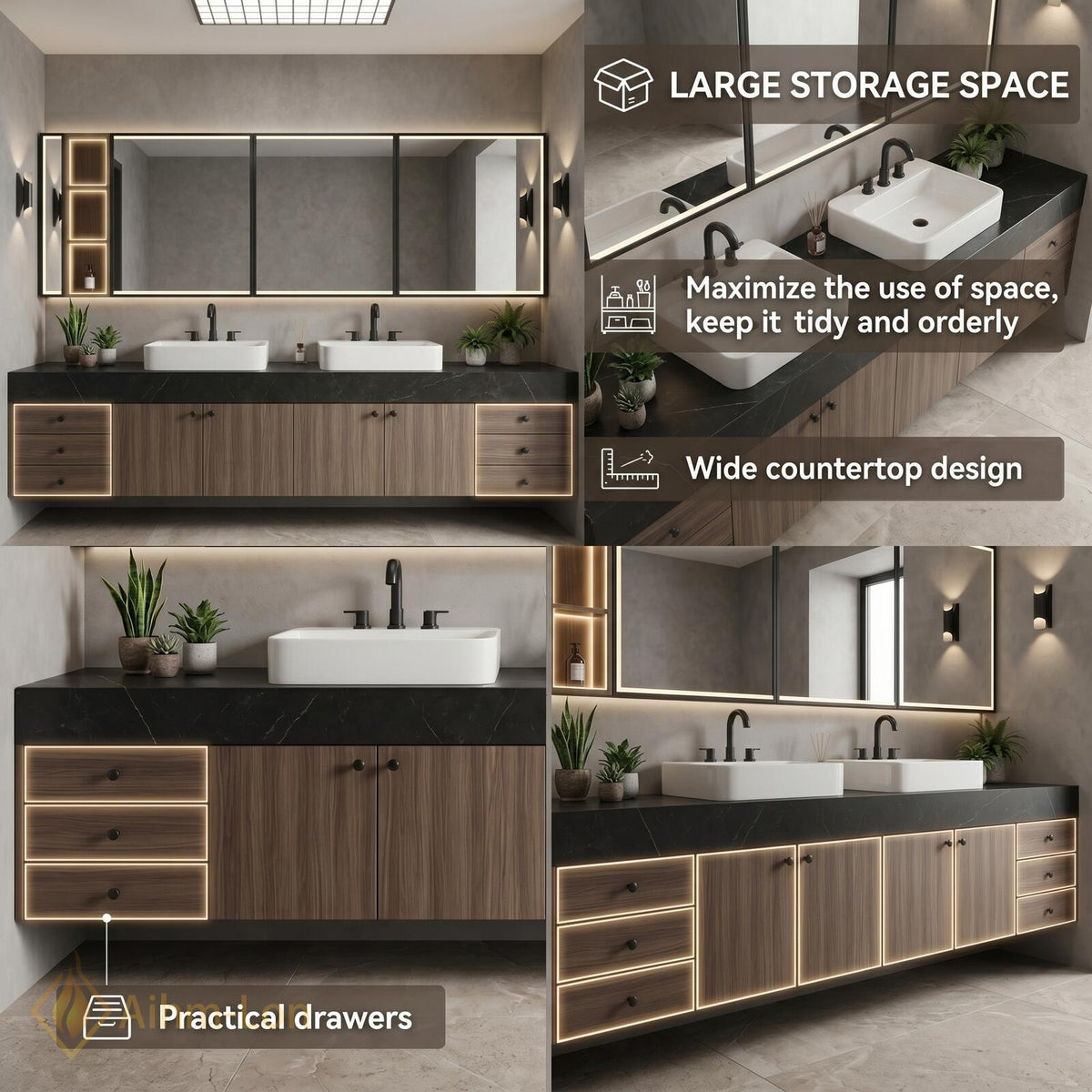 60''-96'' Double Bathroom Vanity with Sink Floating Dark Stone Top Wood Cabinet