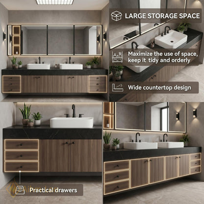 60''-96'' Double Bathroom Vanity with Sink Floating Dark Stone Top Wood Cabinet
