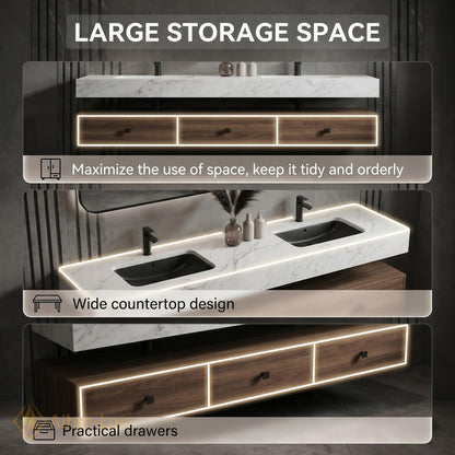 60''-96'' Double Bathroom Vanity with Sink Dark-Walnut Modern Floating Slatted Panel