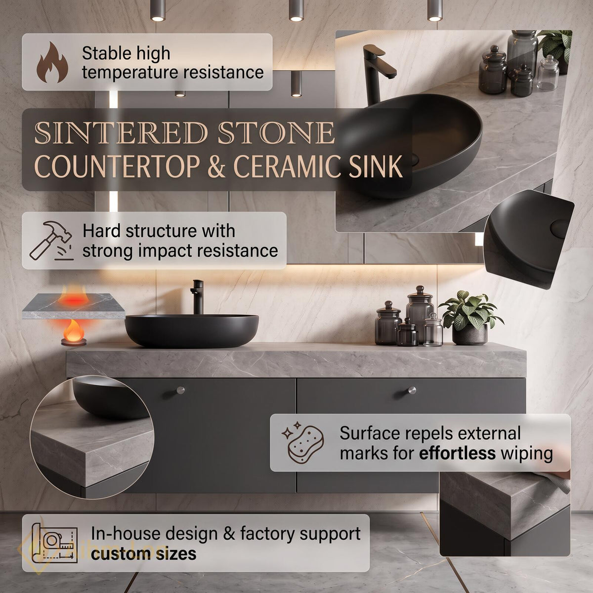 36''-110'' Floating Bathroom Vanity with Sink Grey Finish Stone Top Hidden Drawers