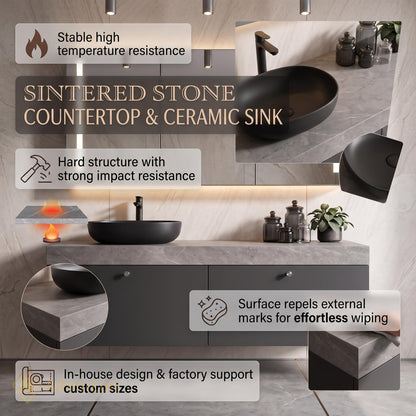 36''-110'' Floating Bathroom Vanity with Sink Grey Finish Stone Top Hidden Drawers