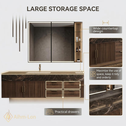 60''-96'' Double Bathroom Vanity with Sink Floating Dark Marble Slatted Center Panel