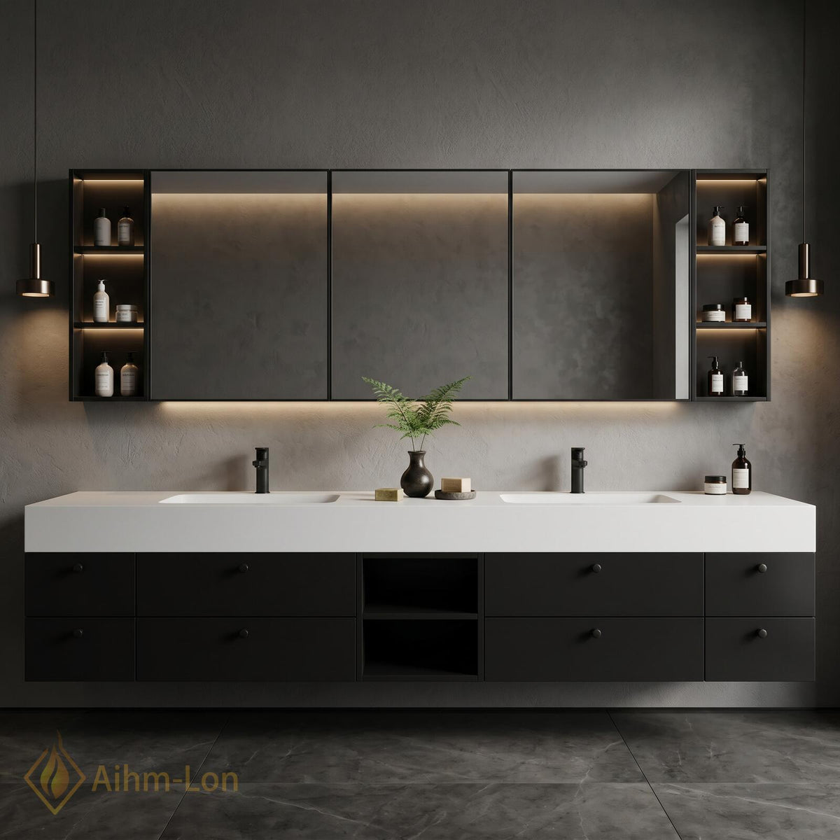 60''-96'' Double Bathroom Vanity with Sink Matte Black Finish Central Open Shelf