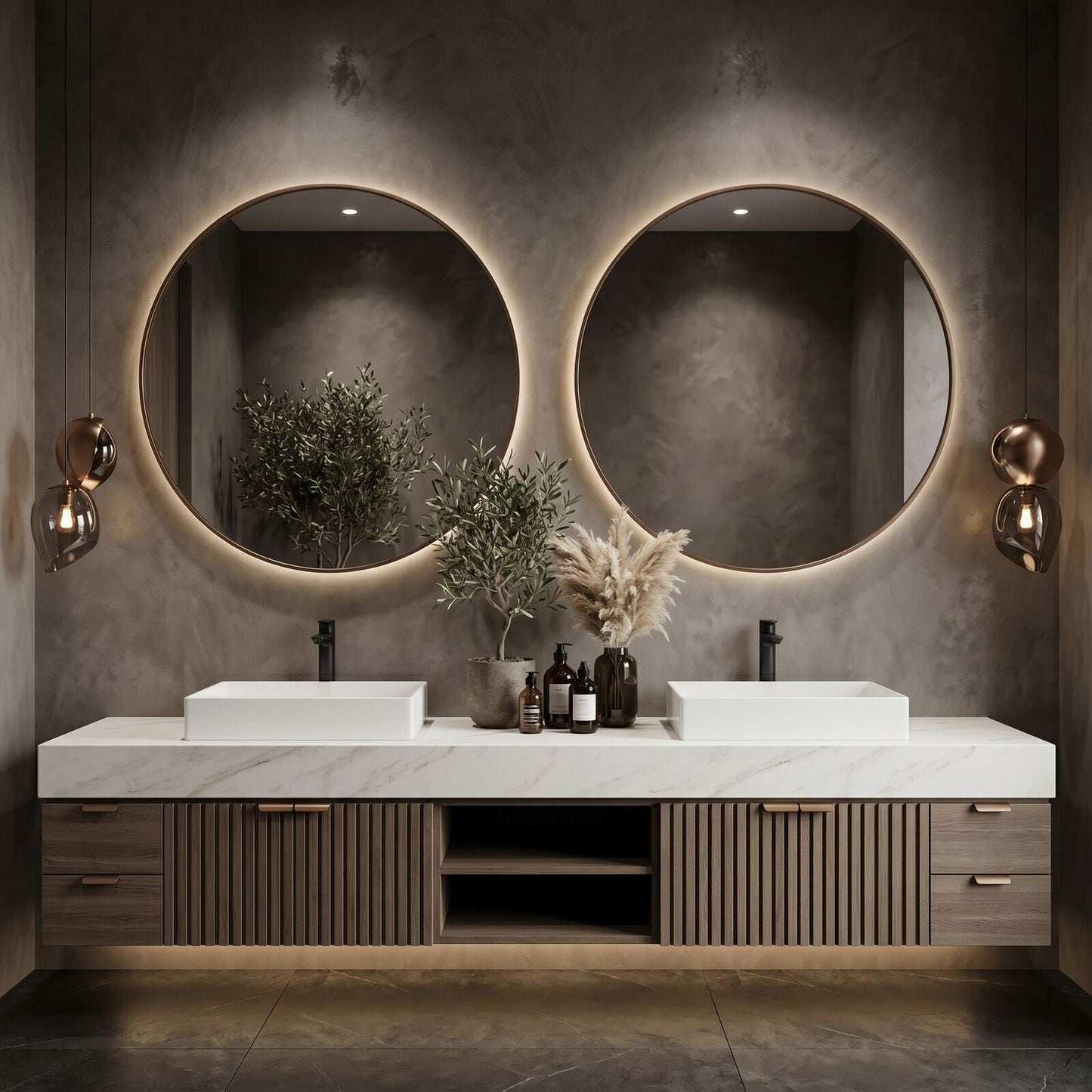70''-96'' Modern Bathroom Vanity with Sink Double Vessel Slatted Marble Patterned Top Cabinet
