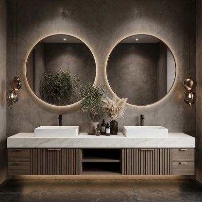 70''-96'' Modern Bathroom Vanity with Sink Double Vessel Slatted Marble Patterned Top Cabinet
