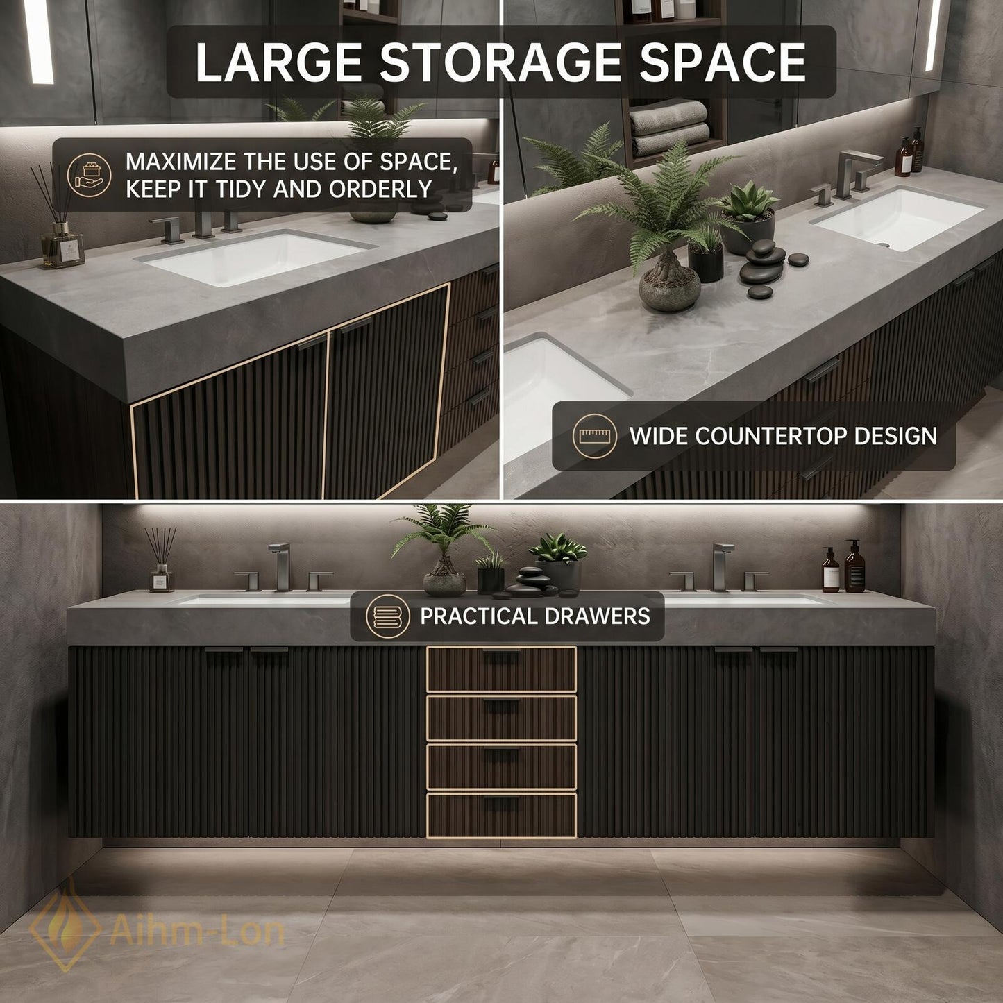 70''-96'' Double Bathroom Vanity with Sink Vertical Slatted Panels Central Drawer Storage