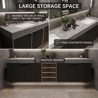 70''-96'' Double Bathroom Vanity with Sink Vertical Slatted Panels Central Drawer Storage