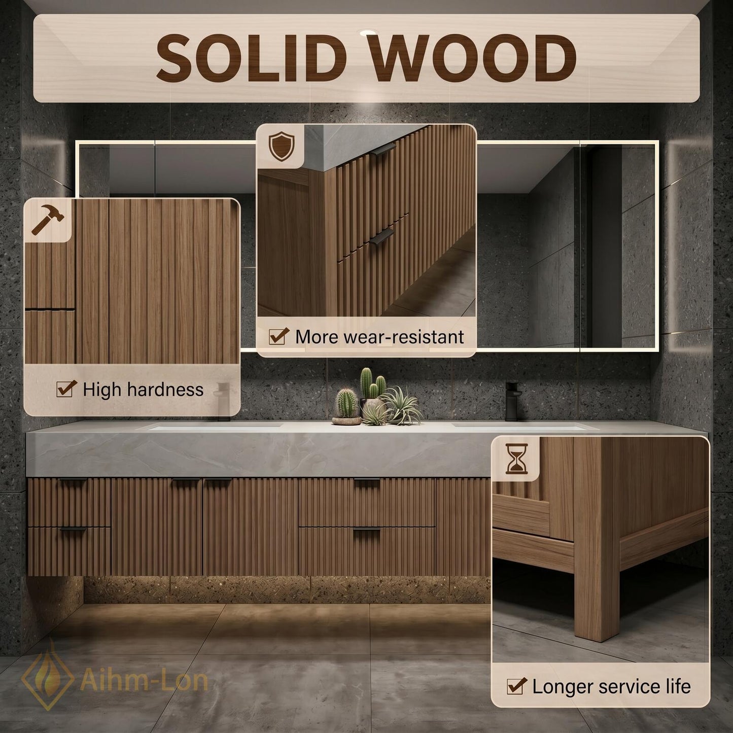 78''-96'' Modern Double Bathroom Vanity with Sink Floating Dark Wood Marble-Like Stone