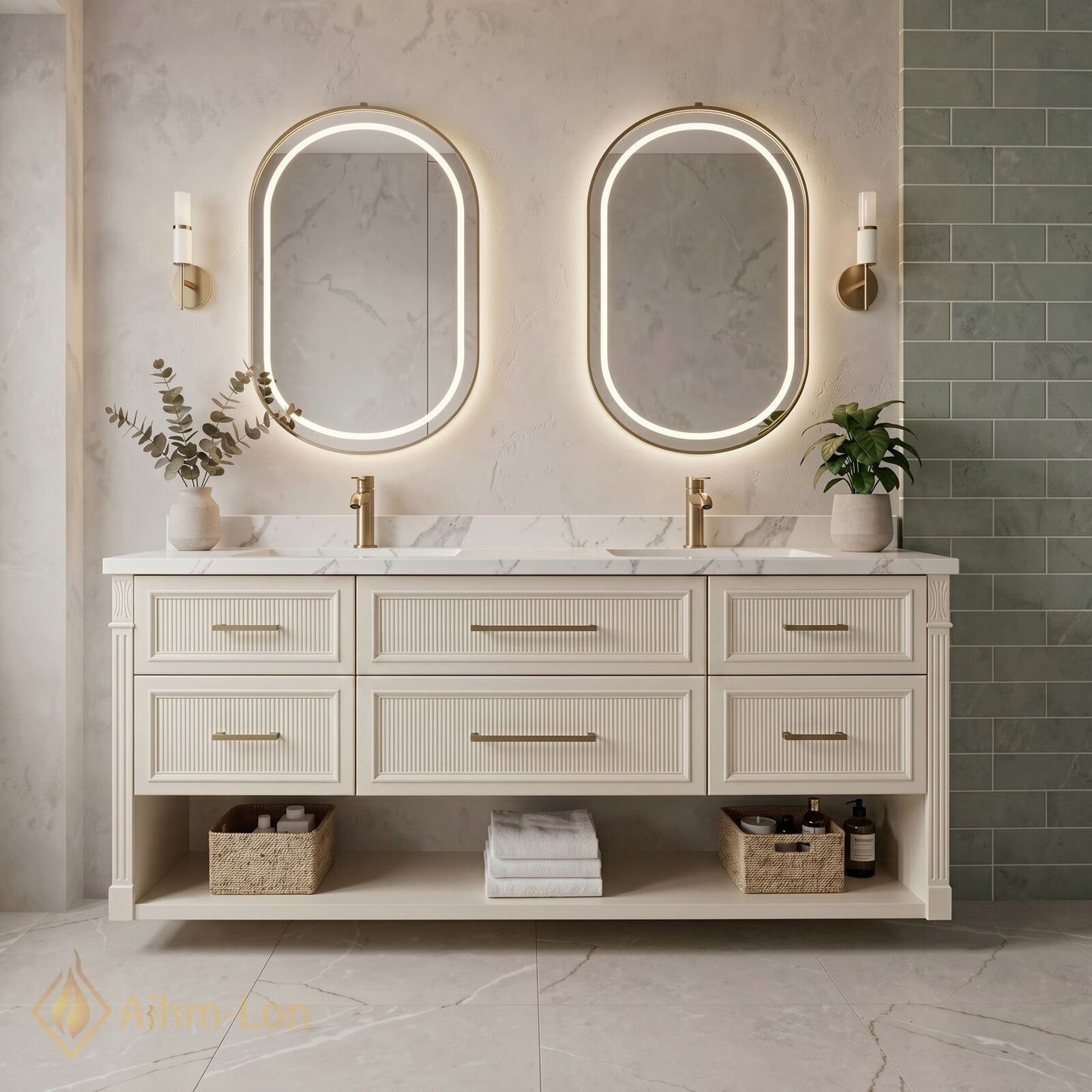 70''-96'' Double Bathroom Vanity with Sink Fluted Panel Drawers Open Shelf Cabinet
