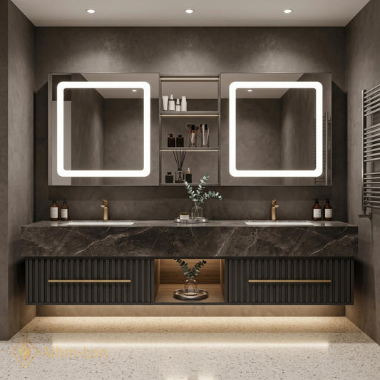 60''-96'' Double Bathroom Vanity with Sink Modern Floating Dark Stone Top Slatted