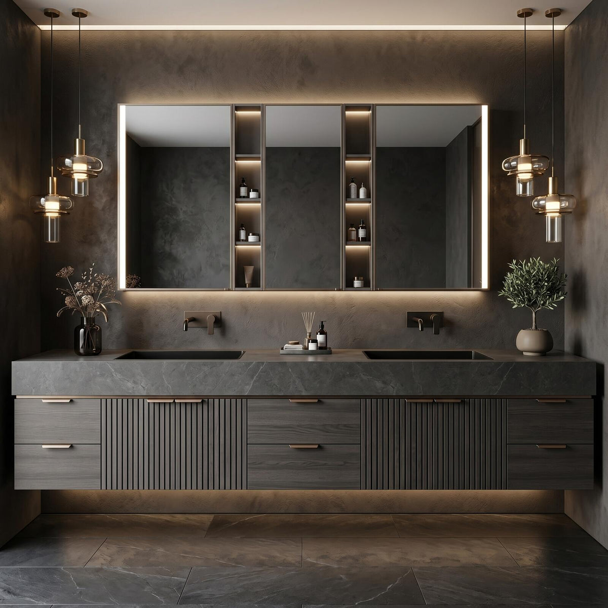 60''-96'' Double Bathroom Vanity with Sink Modern Floating Charcoal Gray Stone Slatted Front